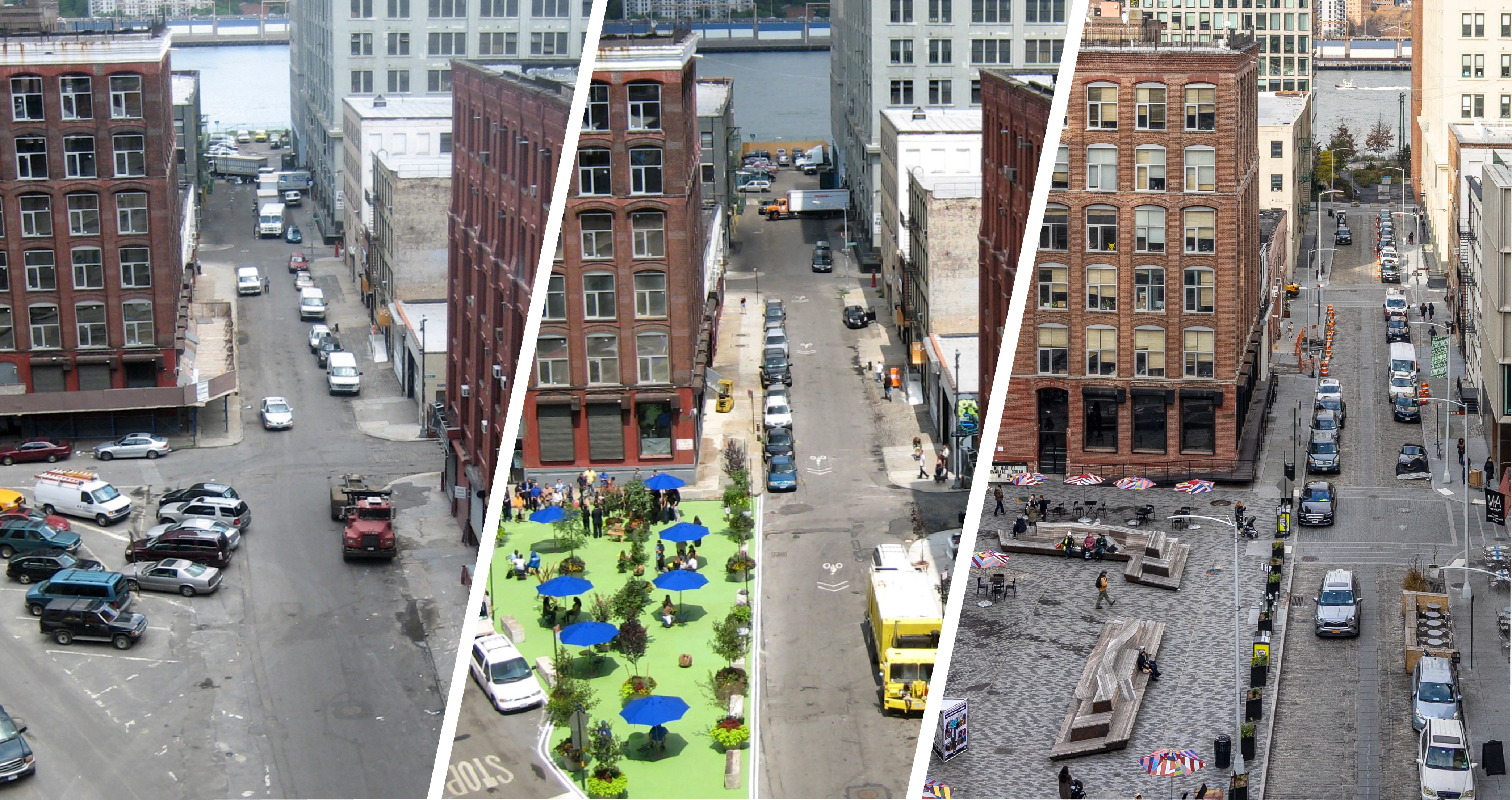 A three part photo montage to show the past, transition, and current streetscape design for Pearl Street in DUMBO, Brooklyn. The past photo shows cars parked in a large triangular asphalt area. The transition photo shows that the triangular space painted green and converted to a pedestrian plaza with tables, chairs, and planters. The current photo shows the triangle converted to a permanent plaza raised to sidewalk height with permanent seating structures.