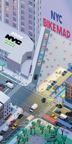 Cover of the 2022 NYC Bike Map features an illustration of a lively NYC intersection with various types of bike lanes and public spaces. Overlay text reads NYC Bike Map 2022 – Free