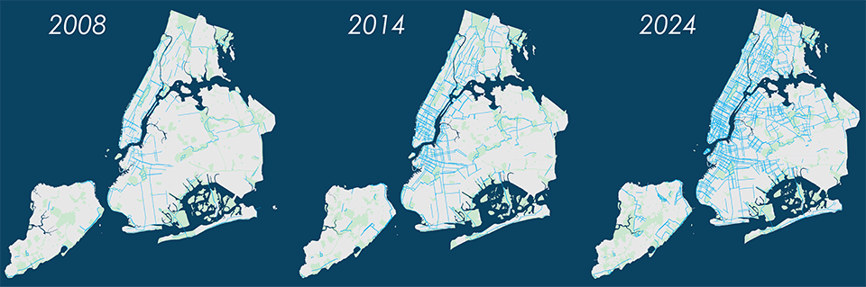 Map of New York City displaying the bike network in 1996, 2013, and 2022.