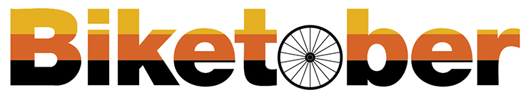 Biketober logo in yellow, orange, and black with the o as a bike wheel.