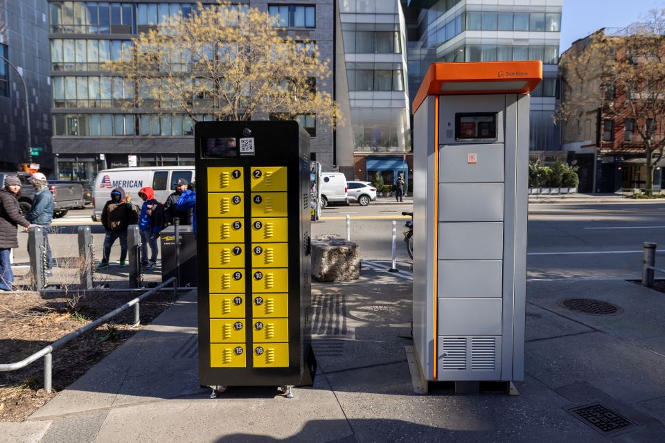 Two battery-swapping cabinets for charging e-bike batteries.