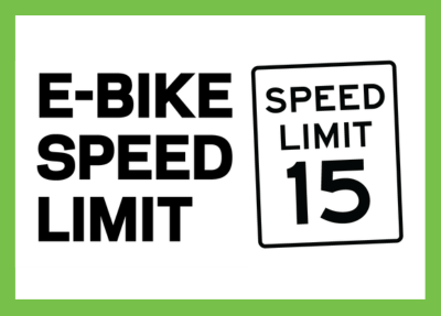E-Bike Speed Limit graphic with a Speed Limit 15 miles per hour sign.
