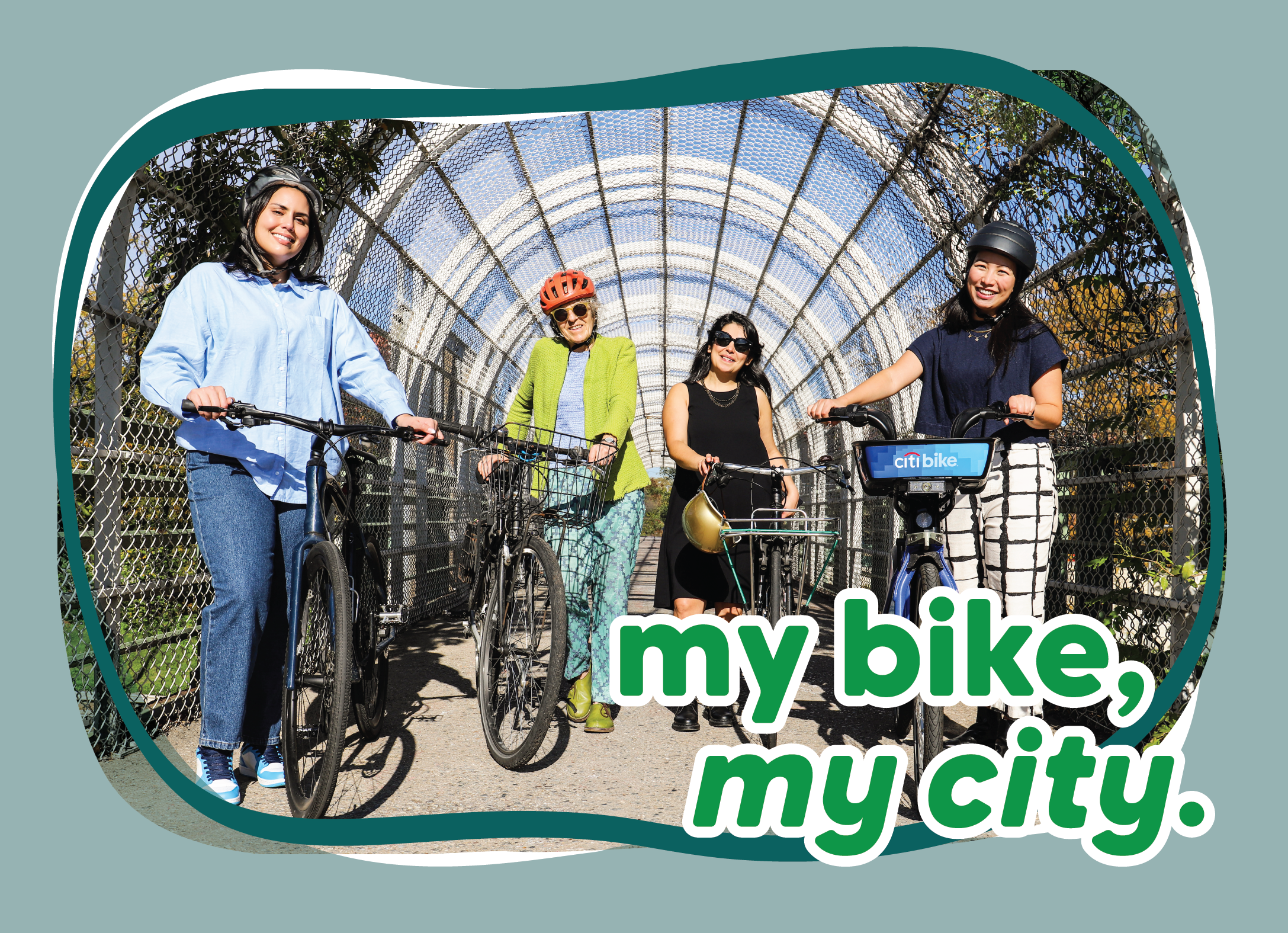 Postcard of four women posing next to their bicycles on a sunny day. Overlay text reads my bike, my city.
