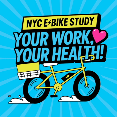NYC E-Bike study slogan "your work, your health" with an icon of a riderless electric bike and a heart.