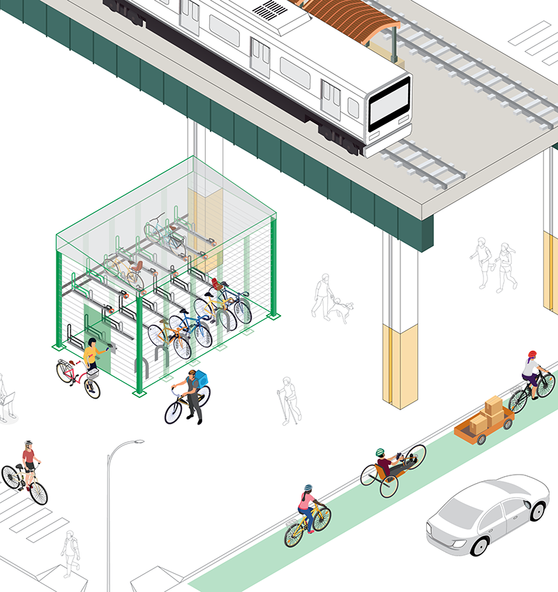 Category 3 structure on a wide sidewalk near a transit hub.