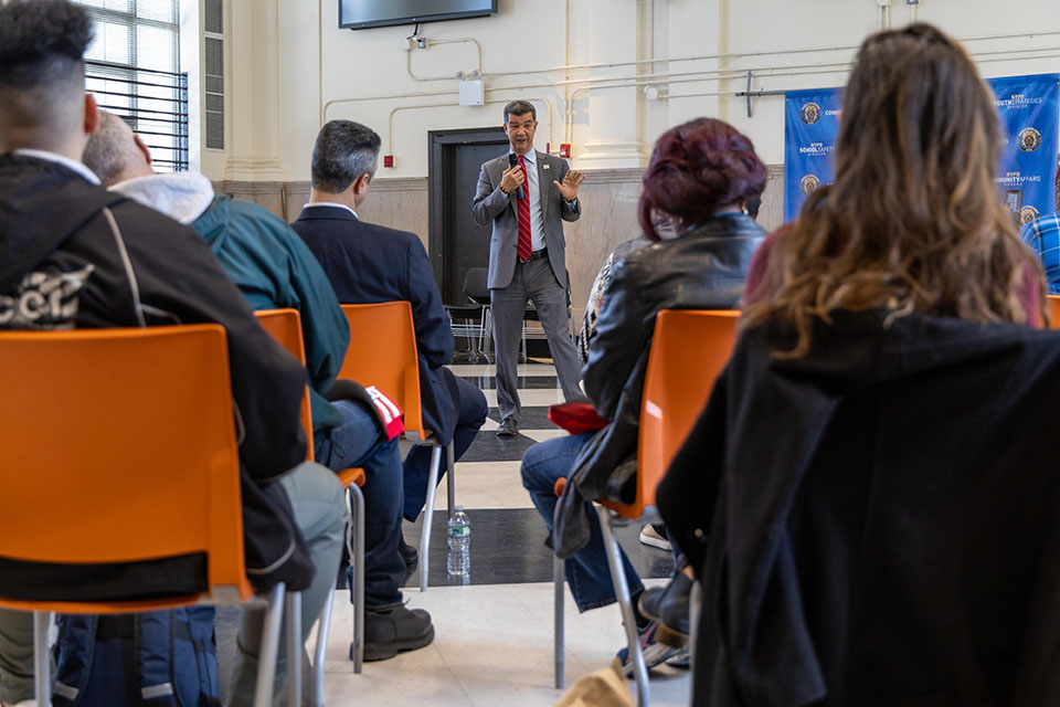 Commissioner Rogriguez addresses community members in Brooklyn.
