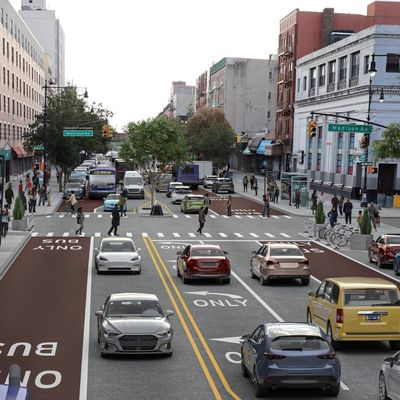 Rendering of roadway layout at 116th Street and Madison Avenue features offset bus lanes in each direction.