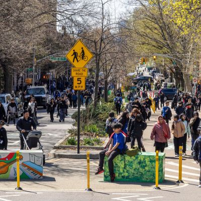 Students walk along the 34th Avenue Open Street in Jackson Heights, Queens when the roadway was closed to vehicles.