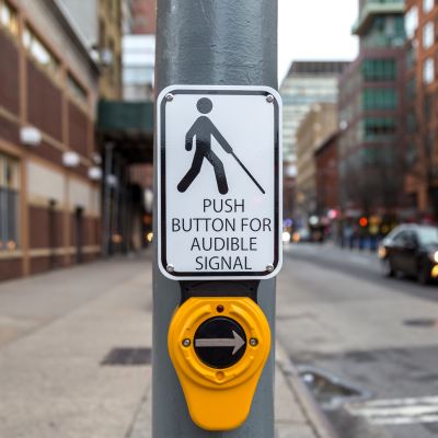 An accessible pedestrian signal affixed to a pedestrian signal pole.