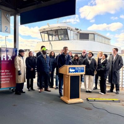 Commissioner Rodriguez and others at a press event on Manhattan’s Pier 79.