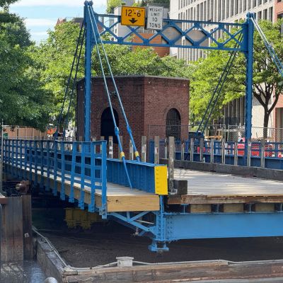 The timber-retractile Carroll Street Bridge in its retracted position.