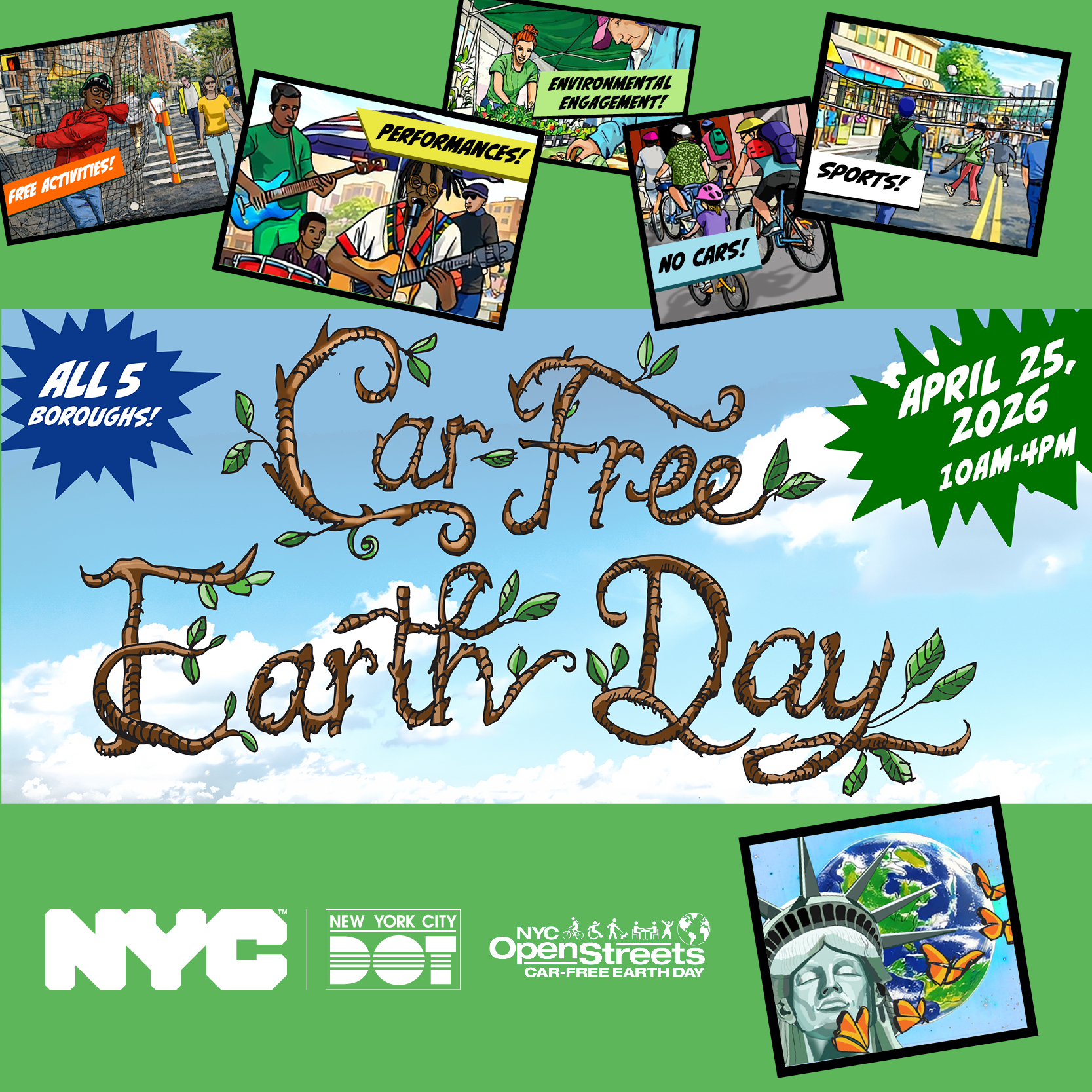 Car-Free Earth Day poster announces event on April 25 from 10am to 4pm.