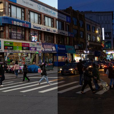 A photo shows people crossing a street in daylight and at dusk