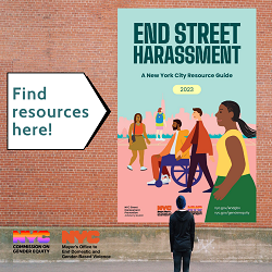 Front cover of the End Street Harassment Resource Guide with an arrow pointing to it that says, “Find resources here!”