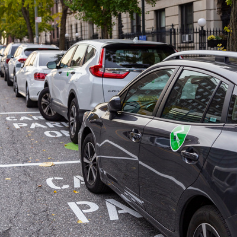 Two rental cars with green Zipcar logos on the side are parked along a NYC curb in a painted space with “Carshare Parking Only” painted in the parking space.