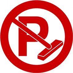 Red icon of a circle with the letter P inside it and a broom stick crossing over it.