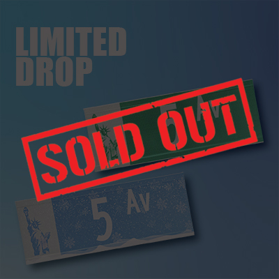 Red overlay text reads sold out over two versions of the Fifth Avenue street sign.