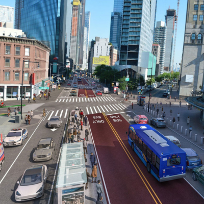 Rendering of redesigned Flatbush Avenue in Brooklyn with center-running red bus lanes and center medians for passengers to wait for the bus.