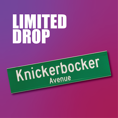 Green and white sign of Knickerbocker Avenue. N Y C D O T limited drop.