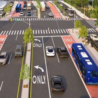 Design rendering for Linden Boulevard includes red-painted bus lanes in both directions and concrete pedestrian islands.