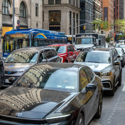 Heavy vehicular traffic along Manhattan’s Madison Avenue.