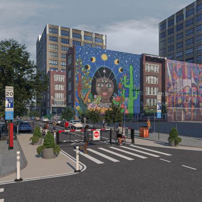 Rendering of a movable street gate outside a school. 