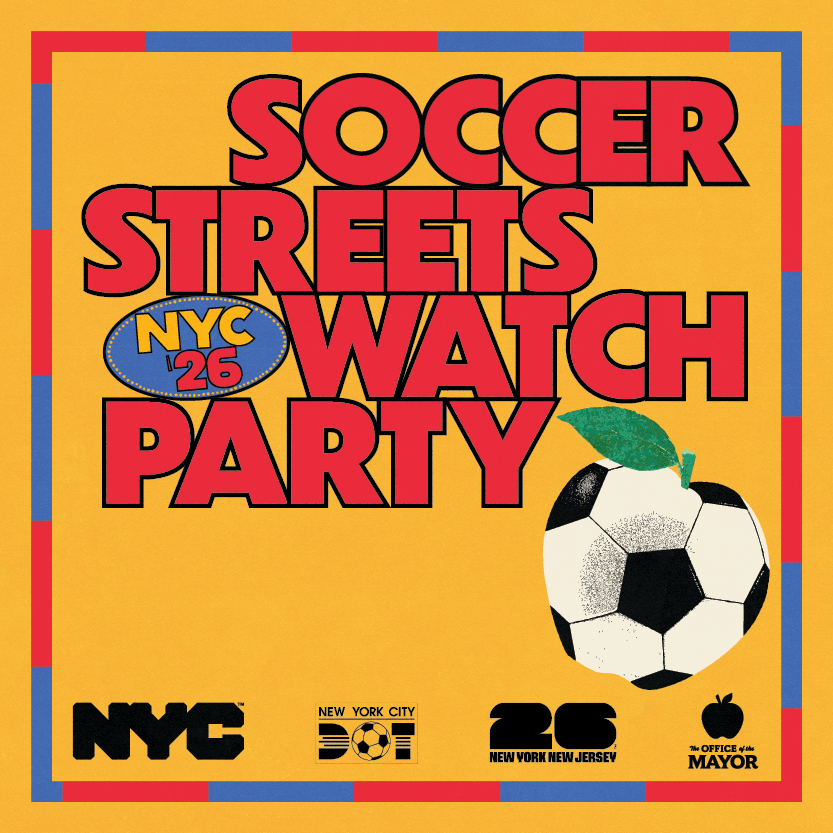 Soccer Streets Watch Parties in New York City 2026 with an apple icon with black and white soccer ball colors.