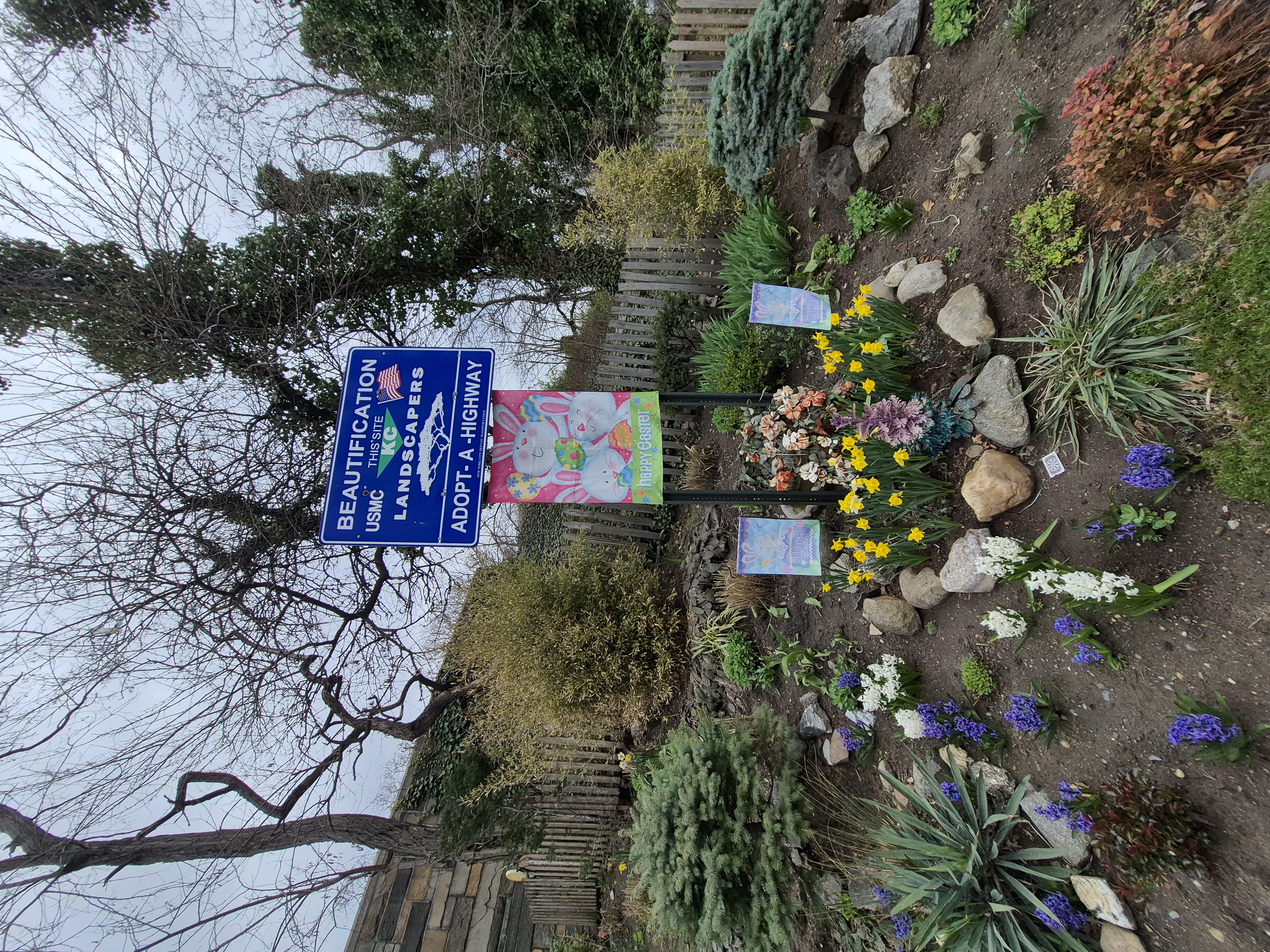Area beautified with small plants, flowers and stones. 