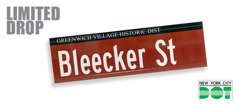 Red overlay text reads Sold Out over Greenwich Village Historic District sign of Bleecker Street.  