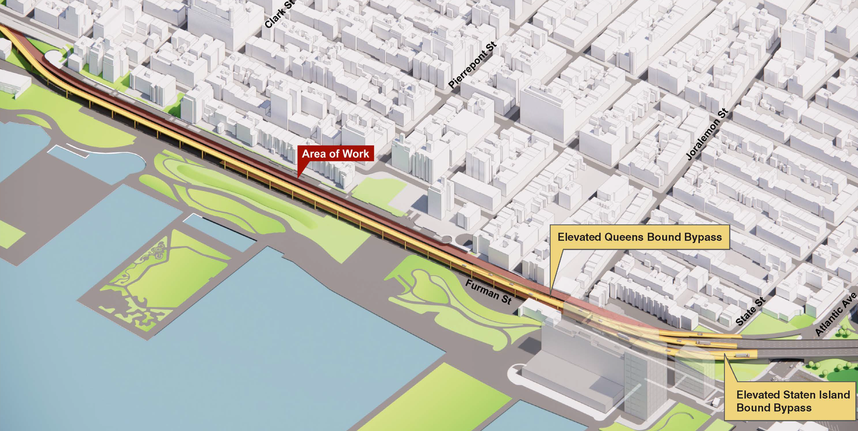 Diagram of the B Q E highlighting the area of work and elevated bypasses above Furman Street.