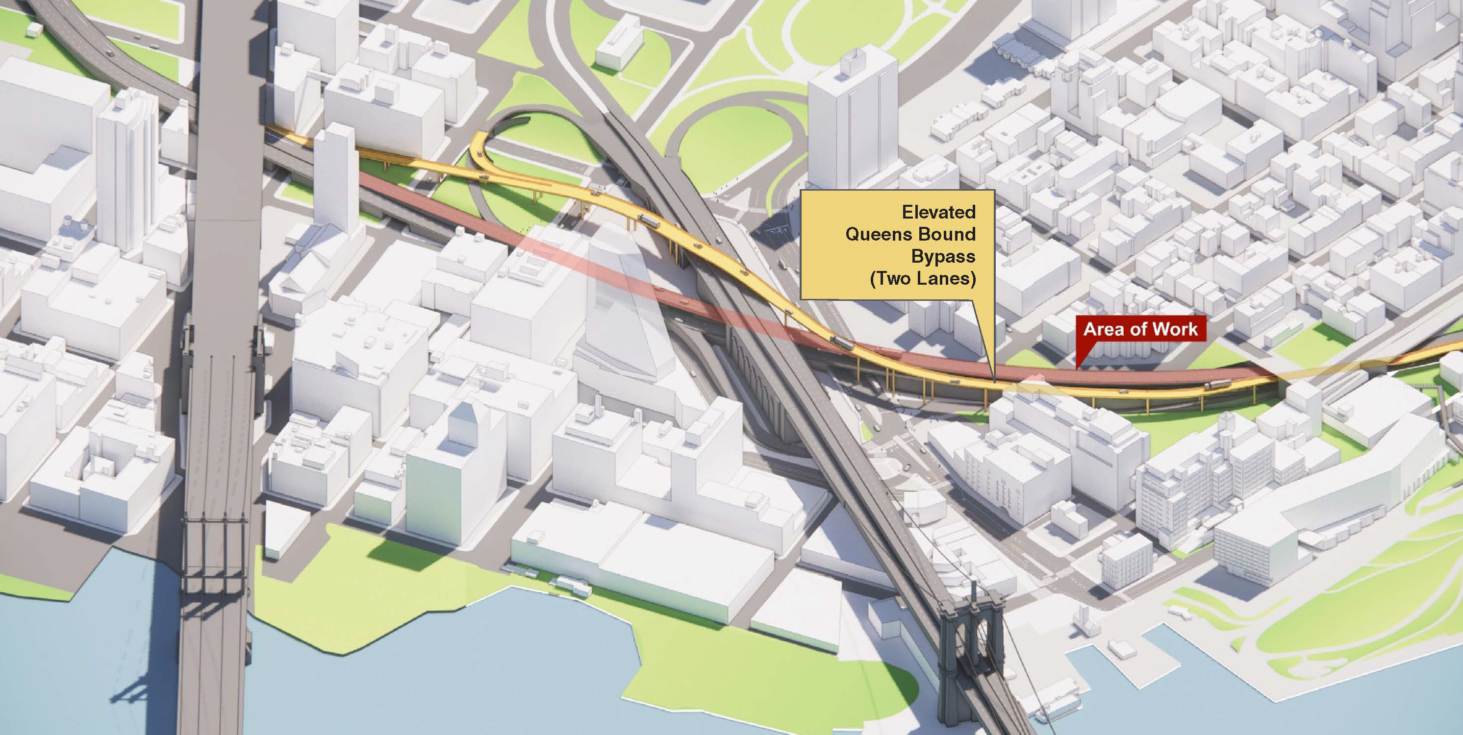 Diagram of the B Q E highlighting an elevated two-lane Queens-bound bypass  near the Brooklyn Bridge approach.