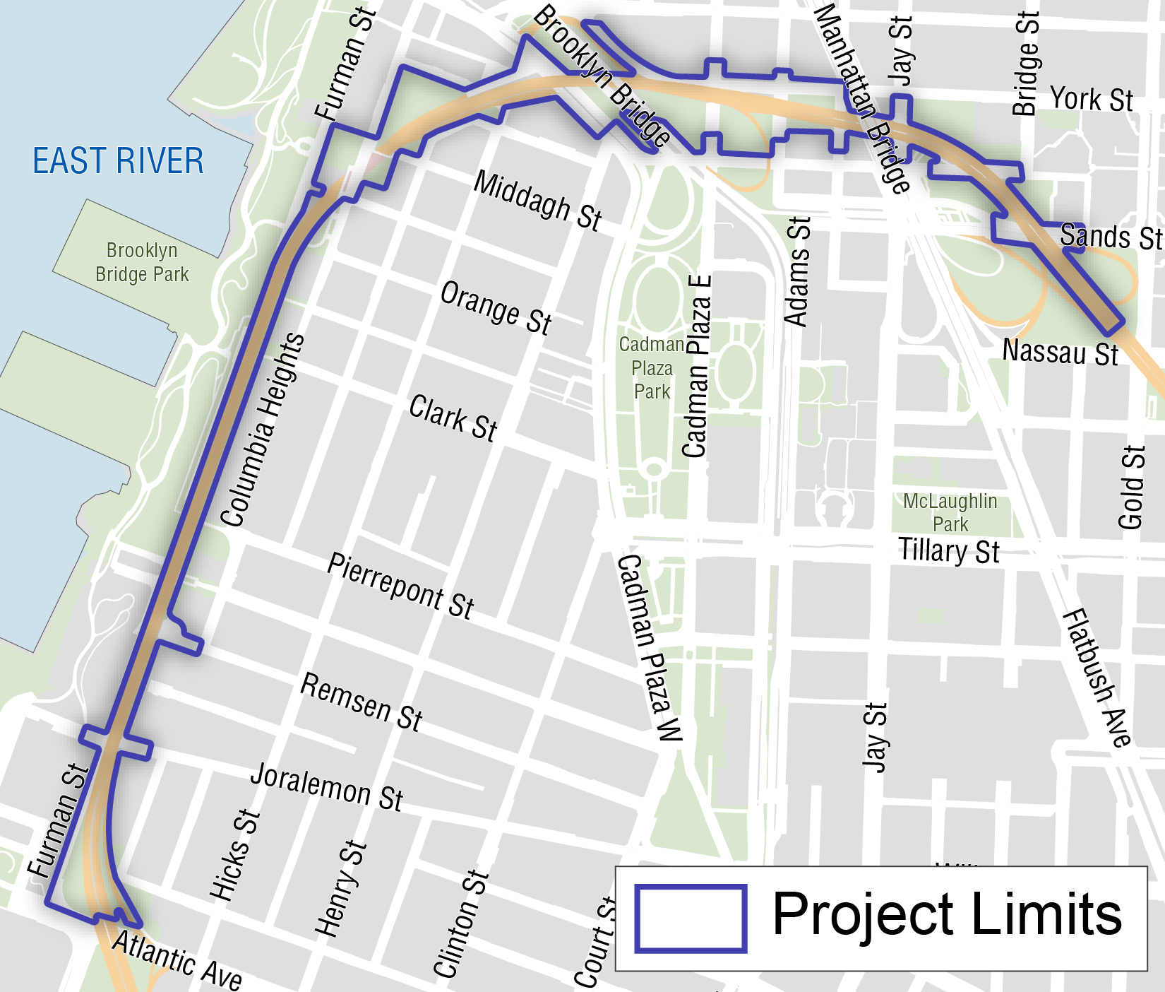 Map of streets in Brooklyn Heights with an outline around the Brooklyn Queens Expressway from Atlantic Avenue to Nassau Street. The outline defines the project limits of the B Q E Central Project.