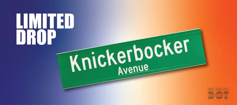 Green and white street sign of Knickerbocker Avenue. Limited drop by N Y C D O T.