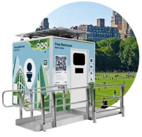 Rendering of a temporary public restroom near a park, featuring a wheelchair ramp leading to it's door and solar panels installed on the roof. 
