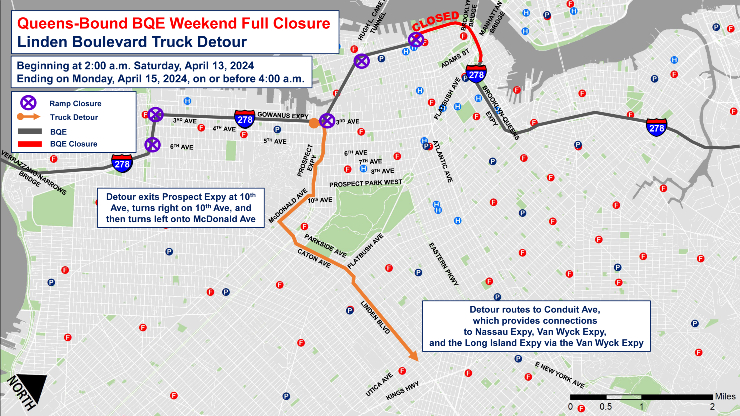 Map of the Prospect Expressway entrance ramp detour during the full closure of the Queens-bound B Q E between Atlantic Avenue and Sands Street in Brooklyn from April 13 to April 15, 2024.