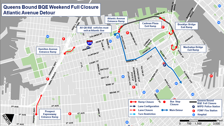 Map of the Atlantic Avenue detour during the full closure of the Queens-bound B Q E between Atlantic Avenue and Sands Street in Brooklyn from October 14 to October 16, 2023