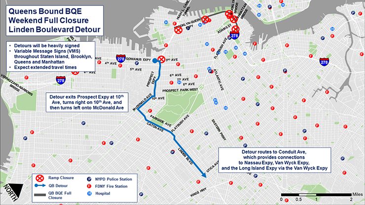 Map of the Linden Boulevard detour during the full closure of the Queens-bound B Q E between Atlantic Avenue and Sands Street in Brooklyn from October 14 to October 16, 2023