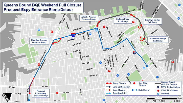 Map of the Prospect Expressway entrance ramp detour during the full closure of the Queens-bound B Q E between Atlantic Avenue and Sands Street in Brooklyn from October 14 to October 16, 2023