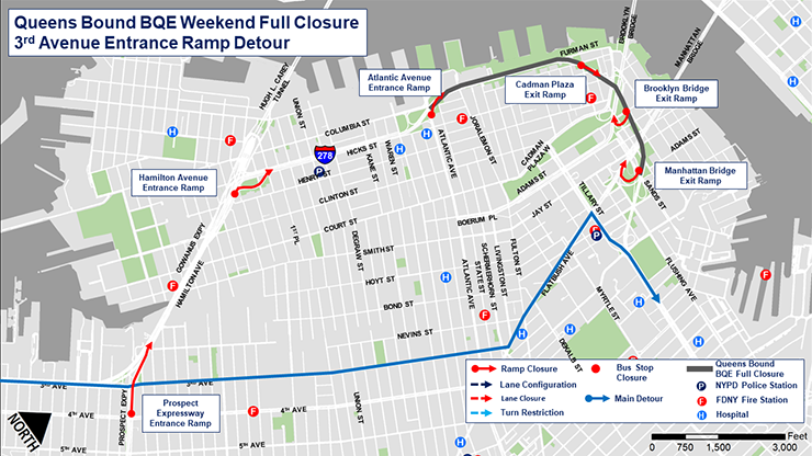 Map of the Third Avenue entrance ramp detour during the full closure of the Queens-bound B Q E between Atlantic Avenue and Sands Street in Brooklyn from October 14 to October 16, 2023