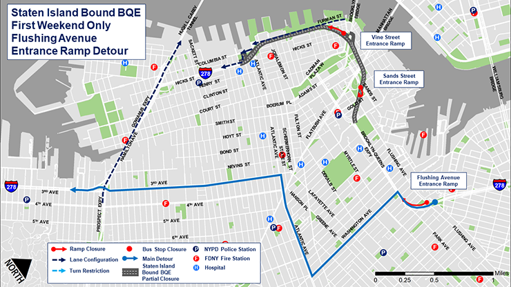 Map of the Flushing Avenue entrance ramp detour during the partial closure of the Staten Island-bound B Q E between Sands Street and Atlantic Avenue in Brooklyn from October 14 to October 16, 2023