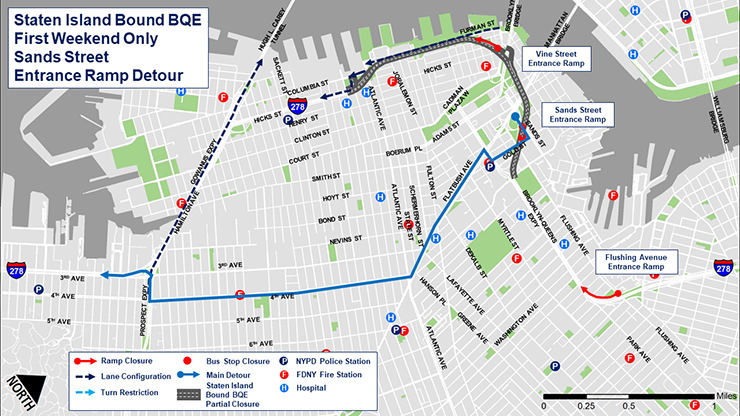 Map of the Sands Street entrance ramp detour during the partial closure of the Staten Island-bound B Q E between Sands Street and Atlantic Avenue in Brooklyn from October 14 to October 16, 2023