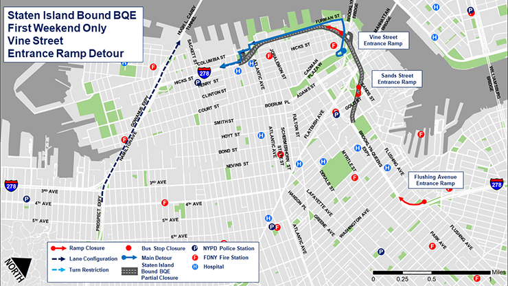 Map of the Vine Street entrance ramp detour during the partial closure of the Staten Island-bound B Q E between Sands Street and Atlantic Avenue in Brooklyn from October 14 to October 16, 2023