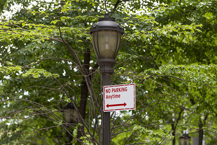 White rectangular street sign with red letters says "No Parking Anytime"