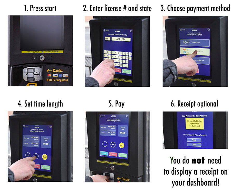 Closeup images of a Pay-By-Plate meter screen show how to pay for metered parking.