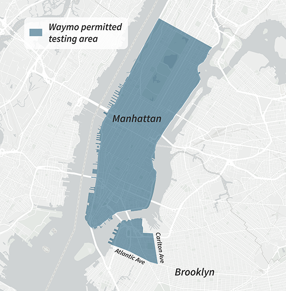 Map of NYC highlights parts of Manhattan and Brooklyn where Waymo is permitted to test Autonomous Vehicles.