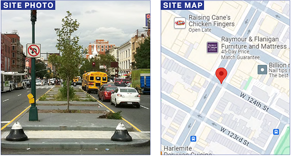 A photo of a median in between two roads with vehicular traffic next to a street map showing the location on W 124th St in Manhattan.