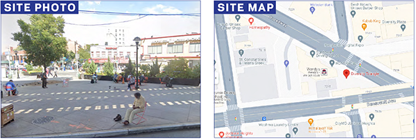 A photo of a pedestrian plaza next to an elevated subway station in Queens next to a street map showing the location of the plaza.