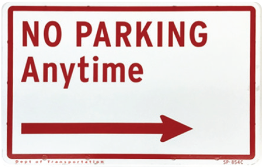 A white street sign with No Parking Anytime and a red arro pointing to the right