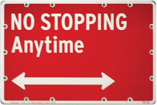 A red street sign with No Stopping Anytime and an arrow pointing in both directions