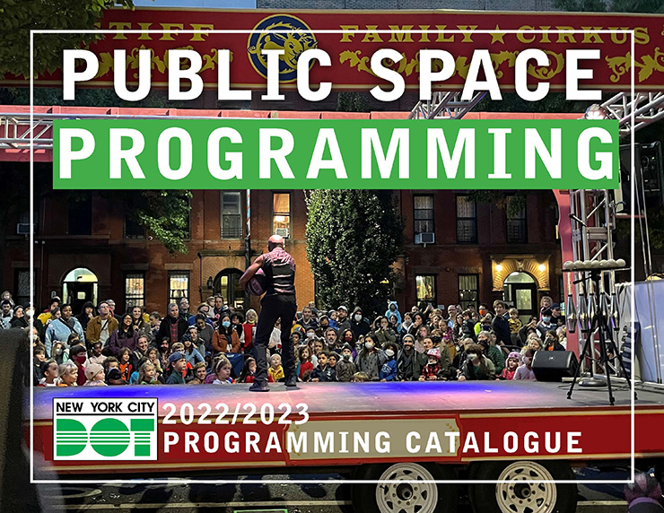 Cover of the Public Space Programming Catalogue featuring a solo performer on a stage in front of an audience of adults and children.